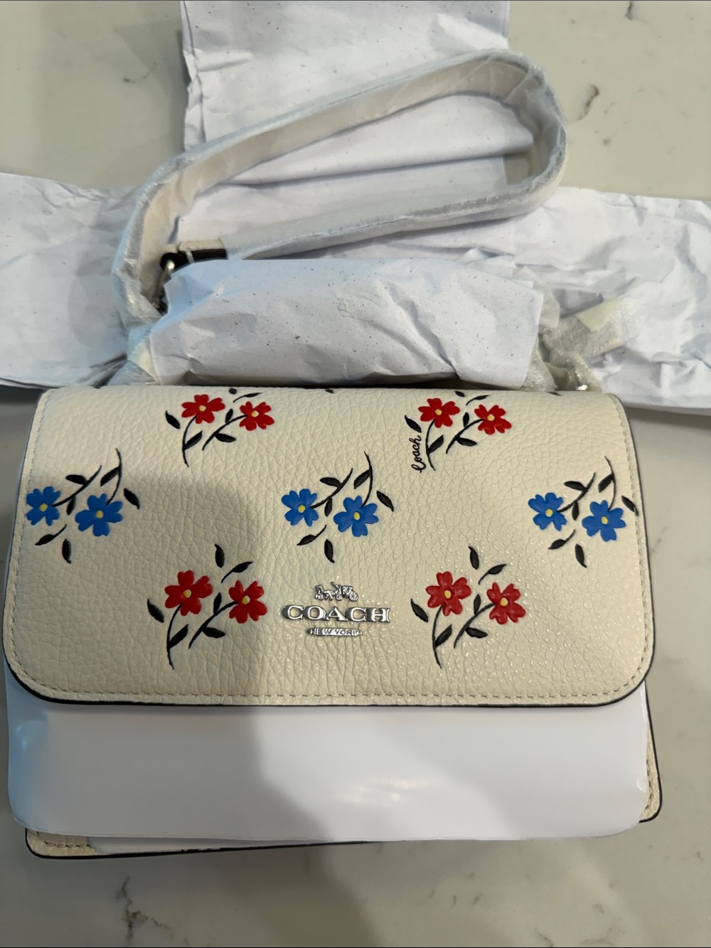 Coach Cream Floral Leather Crossbody with Red & Blue Flowers